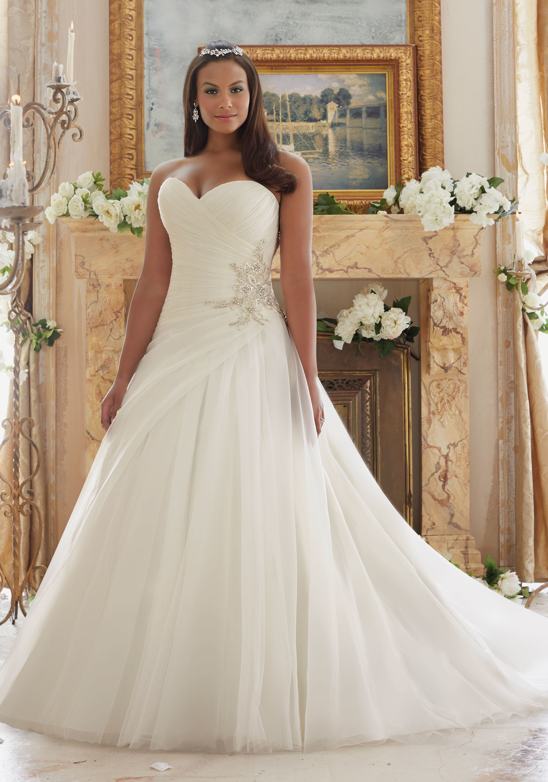 Mori Lee 3203, Plus SIze, Diamante Beaded Organza Tulle